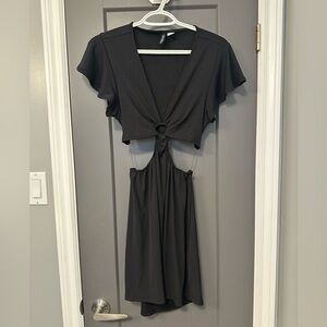 Divided Black Backless Ring-Front Mini Dress